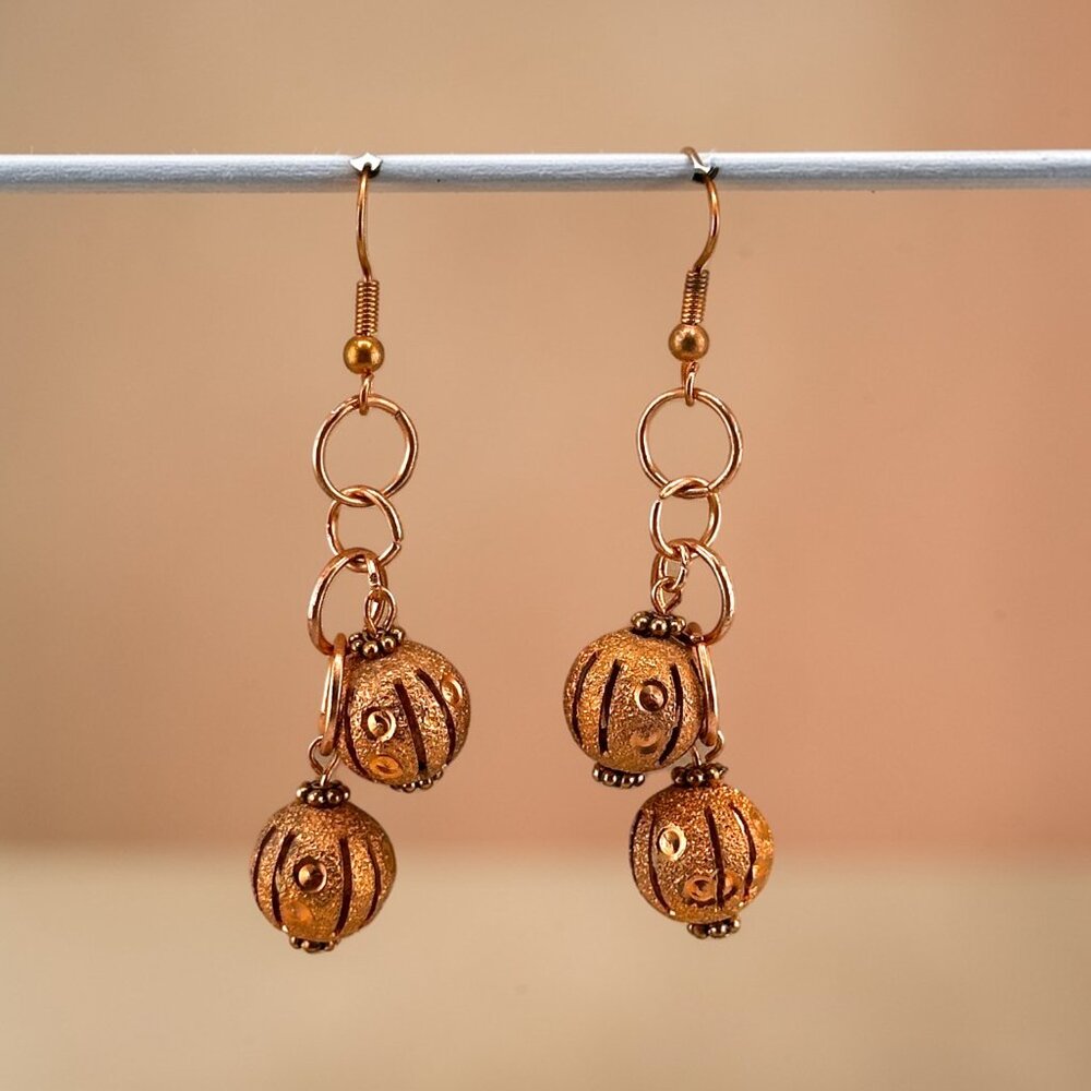 Vintage Copper Beaded Dangle Earrings } Hand Crafted